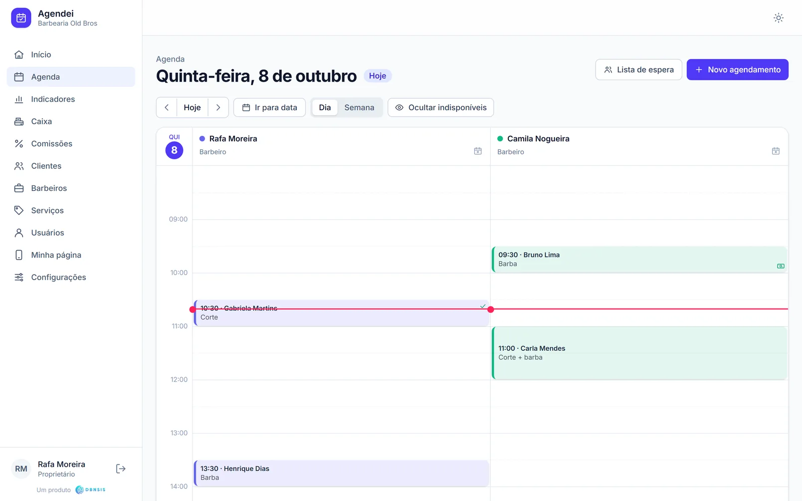 Agenda da barbearia no computador, com uma coluna por barbeiro e os cortes do dia.