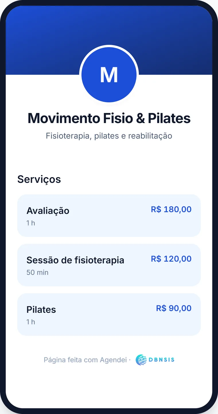 Página da Movimento Fisio & Pilates no celular, com os serviços e o botão de agendar.