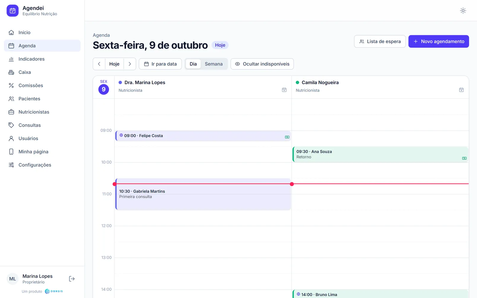 Agenda do consultório de nutrição no computador, com as consultas do dia.