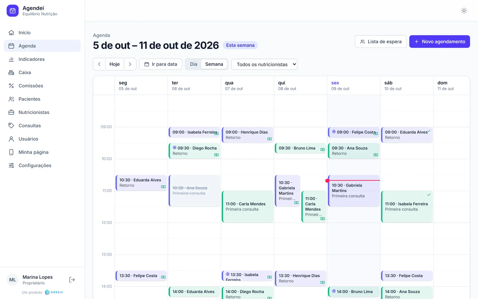 Agenda da semana do consultório de nutrição.