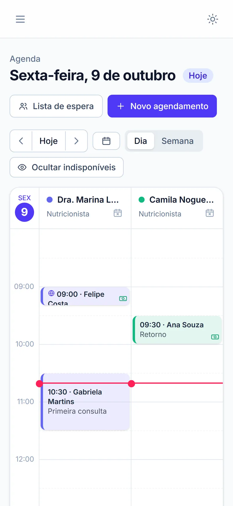 A mesma agenda no celular, com a data em destaque e os atendimentos do dia.