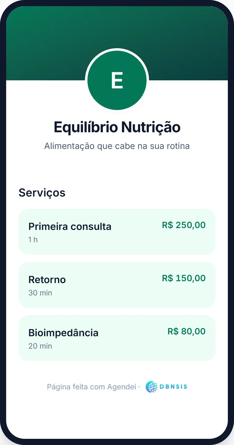 Página da Equilíbrio Nutrição no celular, com as consultas e os preços.