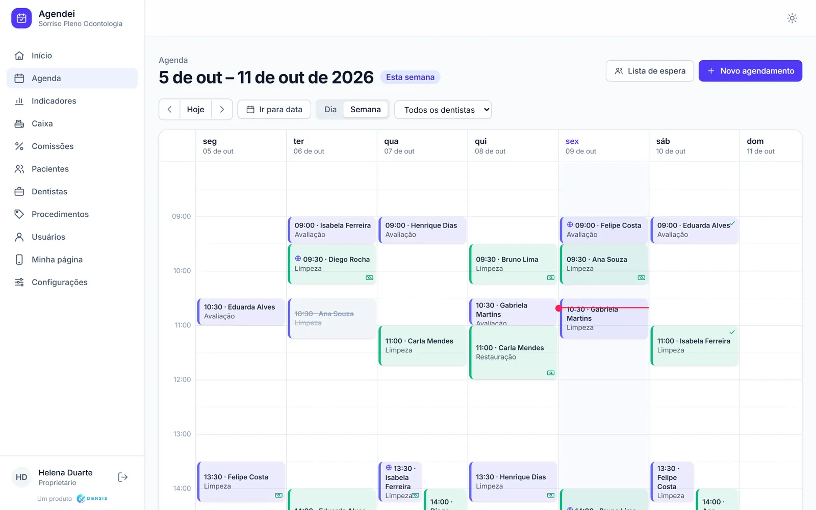 Agenda da semana da clínica odontológica, com as consultas de cada dentista.