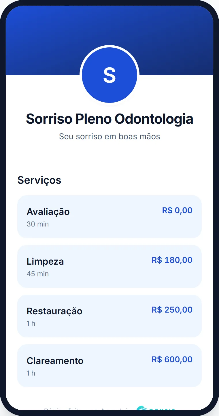 Página da Sorriso Pleno Odontologia no celular, com os procedimentos e os preços.