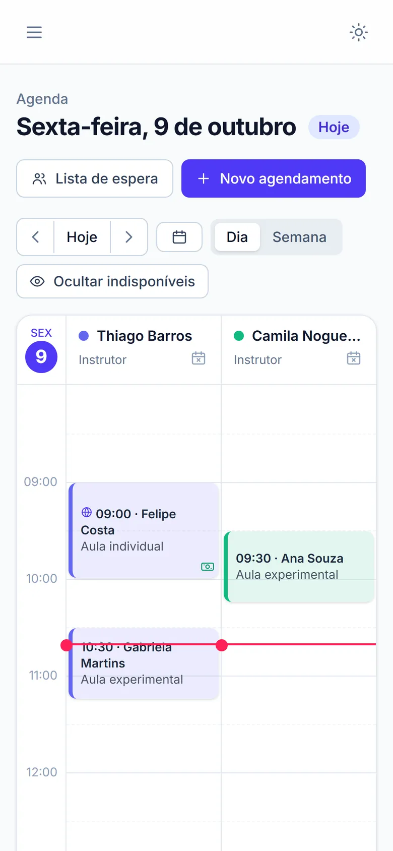 A mesma agenda no celular, com a data em destaque e os atendimentos do dia.