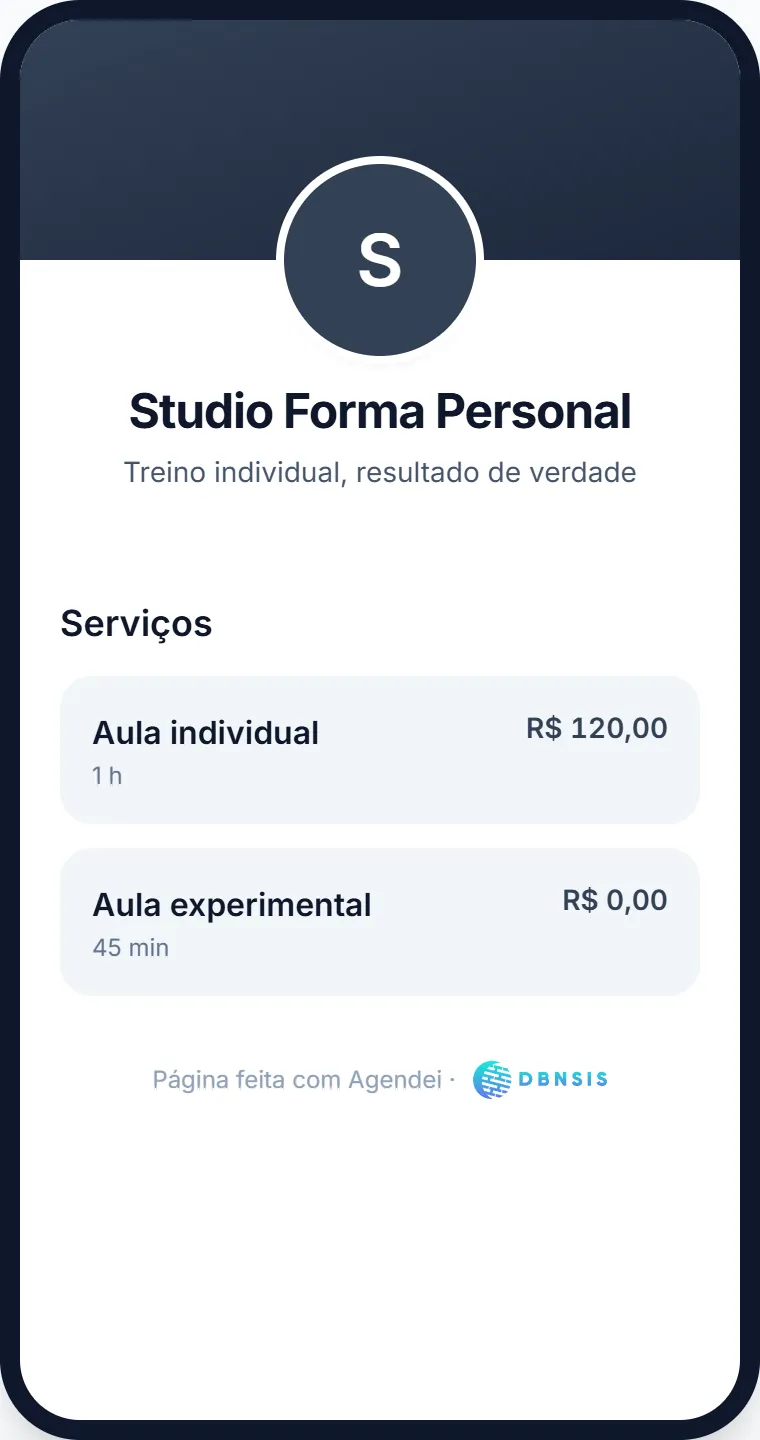 Página do Studio Forma Personal no celular, com as aulas e os preços.
