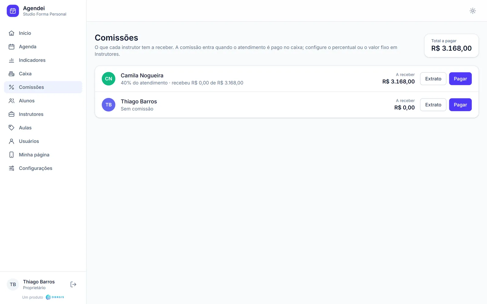 Tela de comissões com o valor a receber de cada instrutor e os botões de extrato e pagamento.