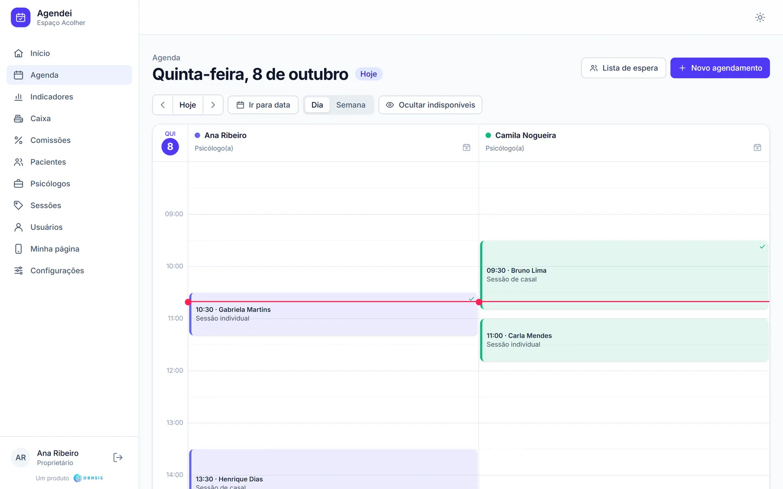 Agenda do consultório no computador, com uma coluna por psicólogo e as sessões do dia.