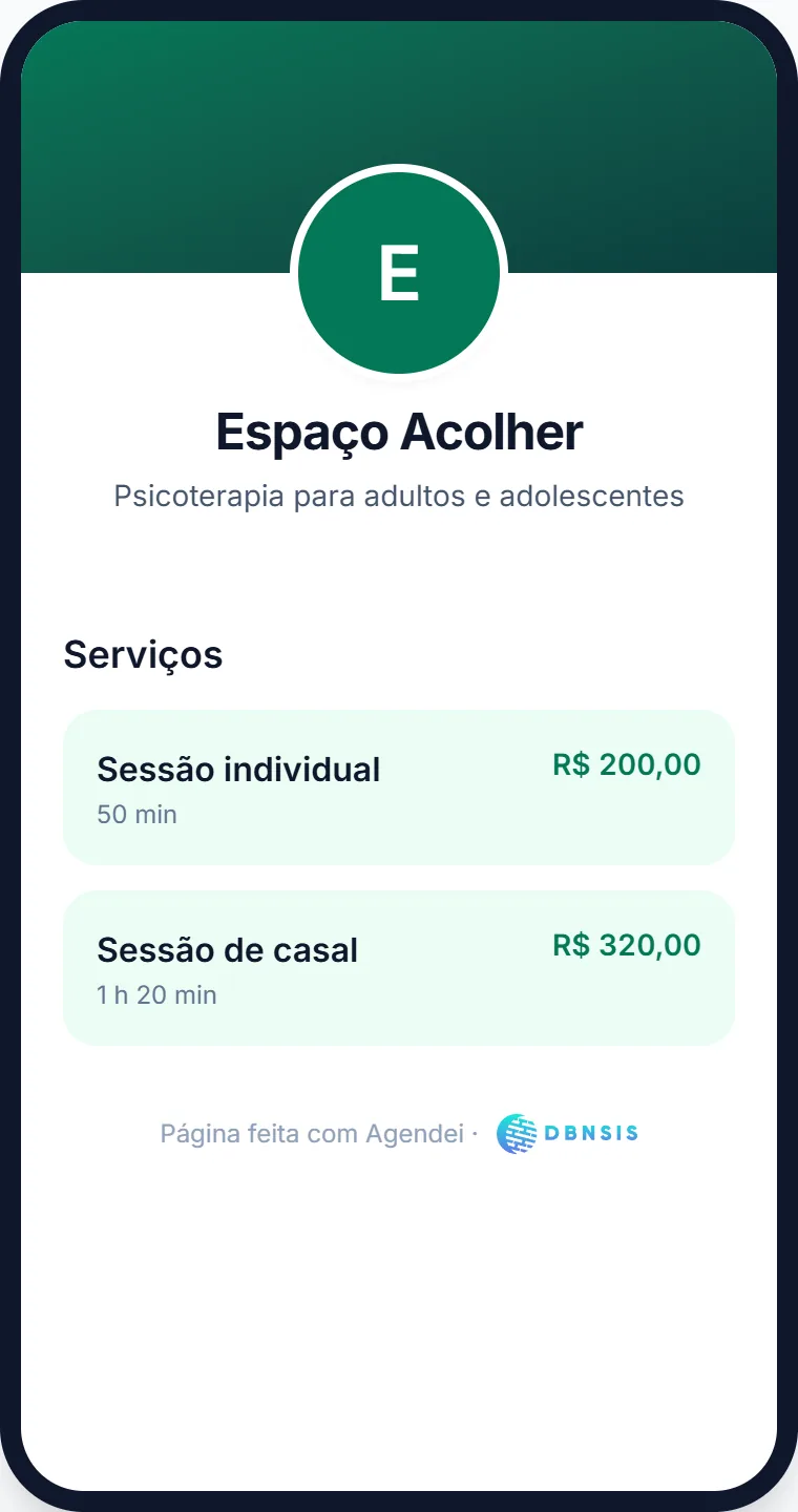 Página do Espaço Acolher no celular, com os tipos de sessão e o botão de agendar.