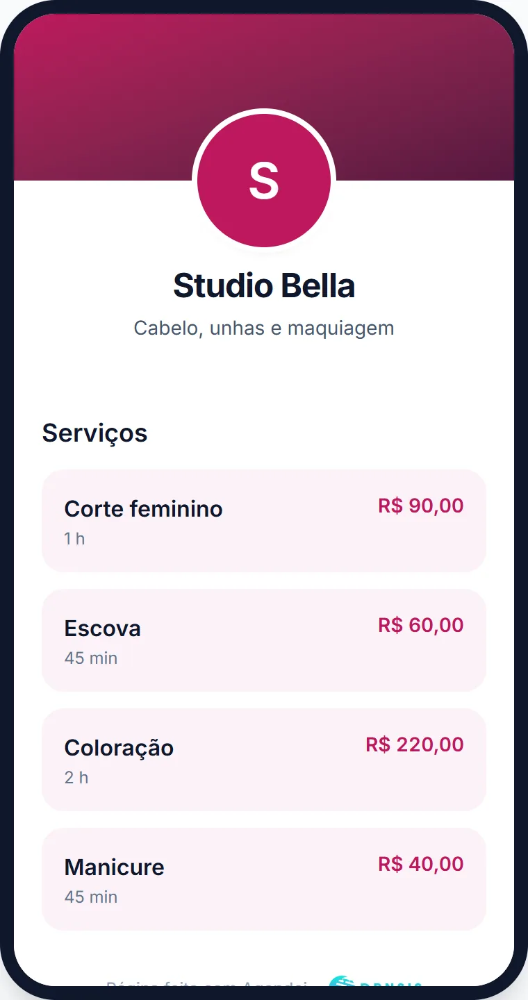 Página do Studio Bella no celular, com os serviços, preços e o botão de agendar.