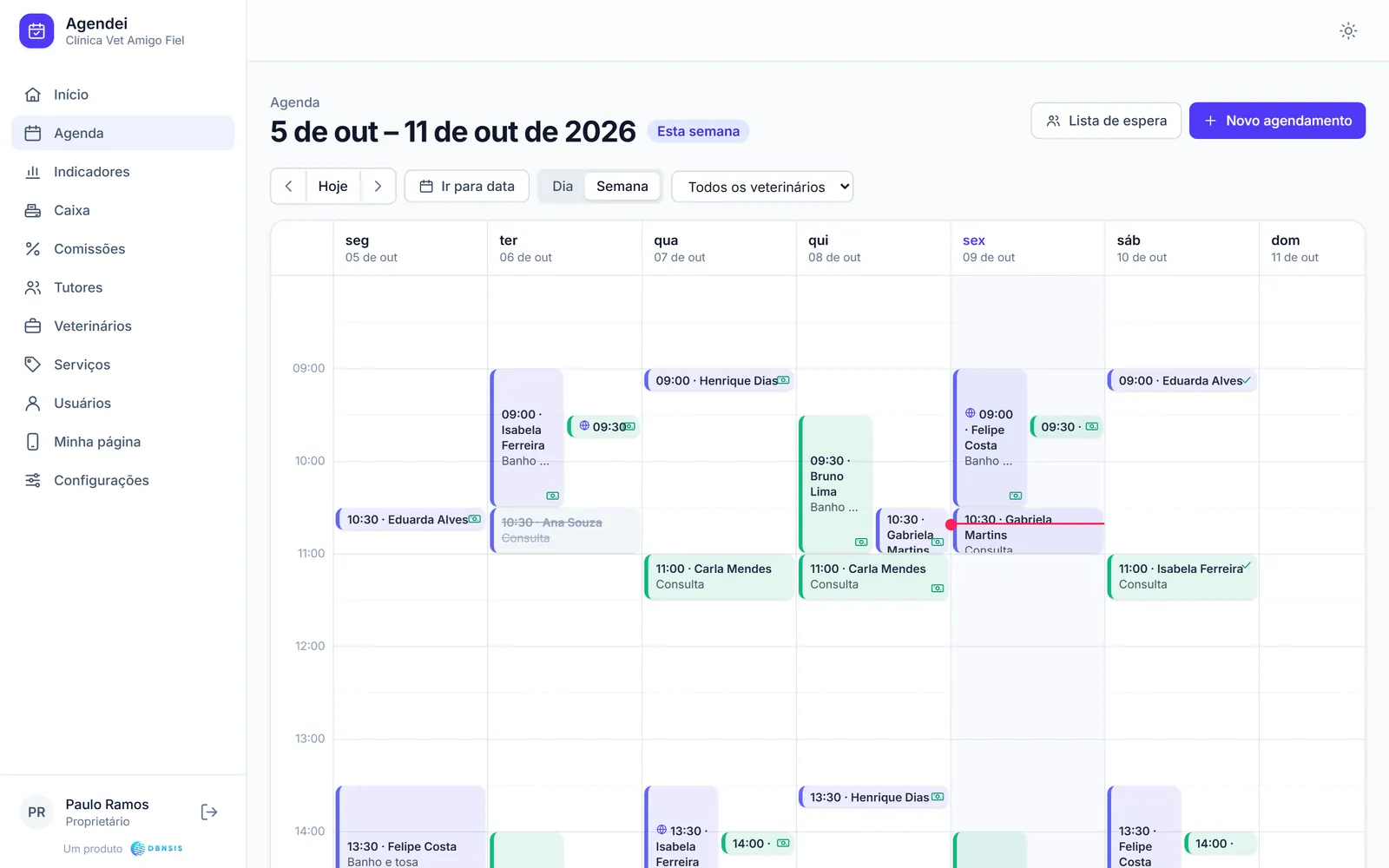 Agenda da semana da clínica veterinária, com consultas, vacinas e banho e tosa.