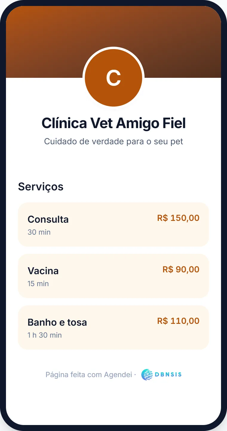 Página da Clínica Vet Amigo Fiel no celular, com os serviços e os preços.