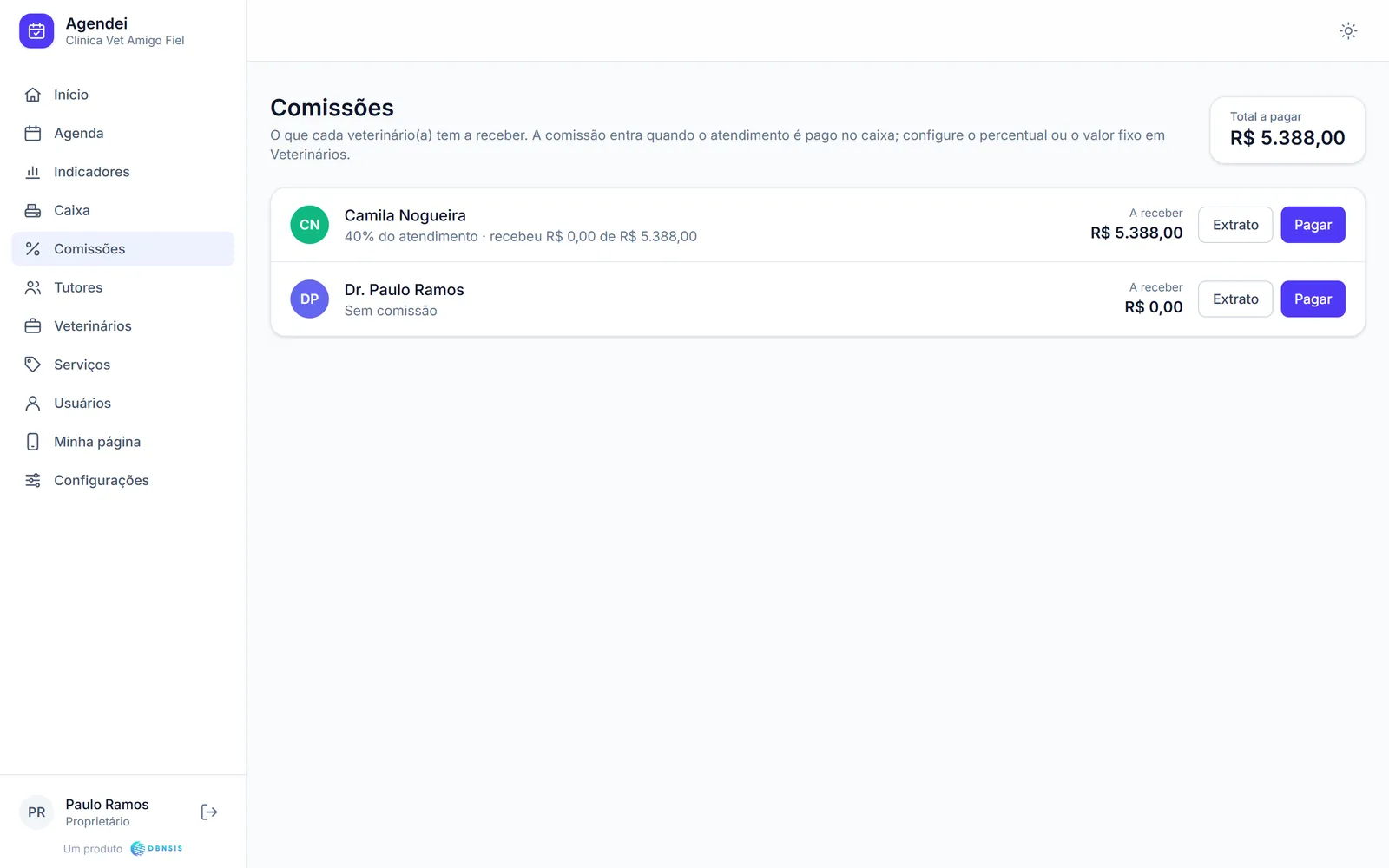 Tela de comissões com o valor a receber de cada profissional e os botões de extrato e pagamento.